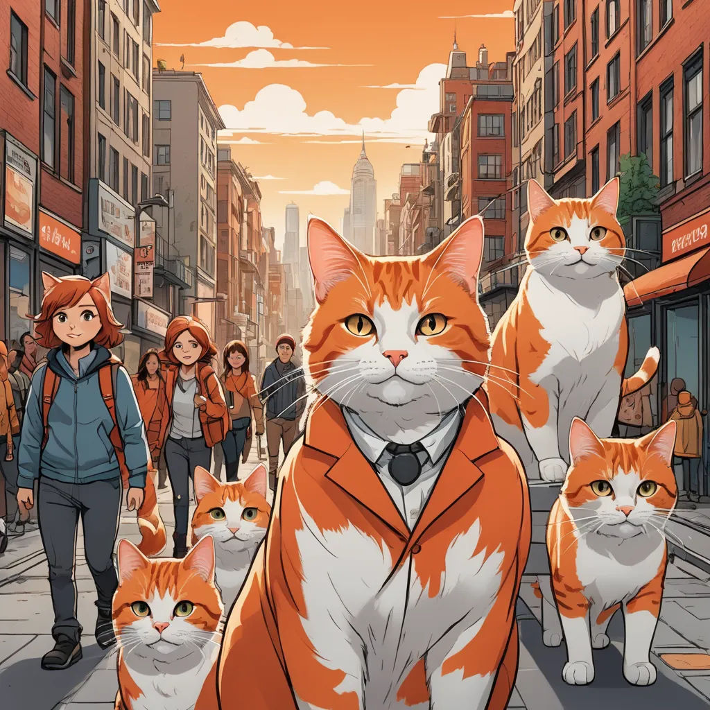 a group of cats walking down a street next to a woman in a suit and tie and a man in a suit, furry art, a comic book panel, Asaf Hanuka, comic cover art