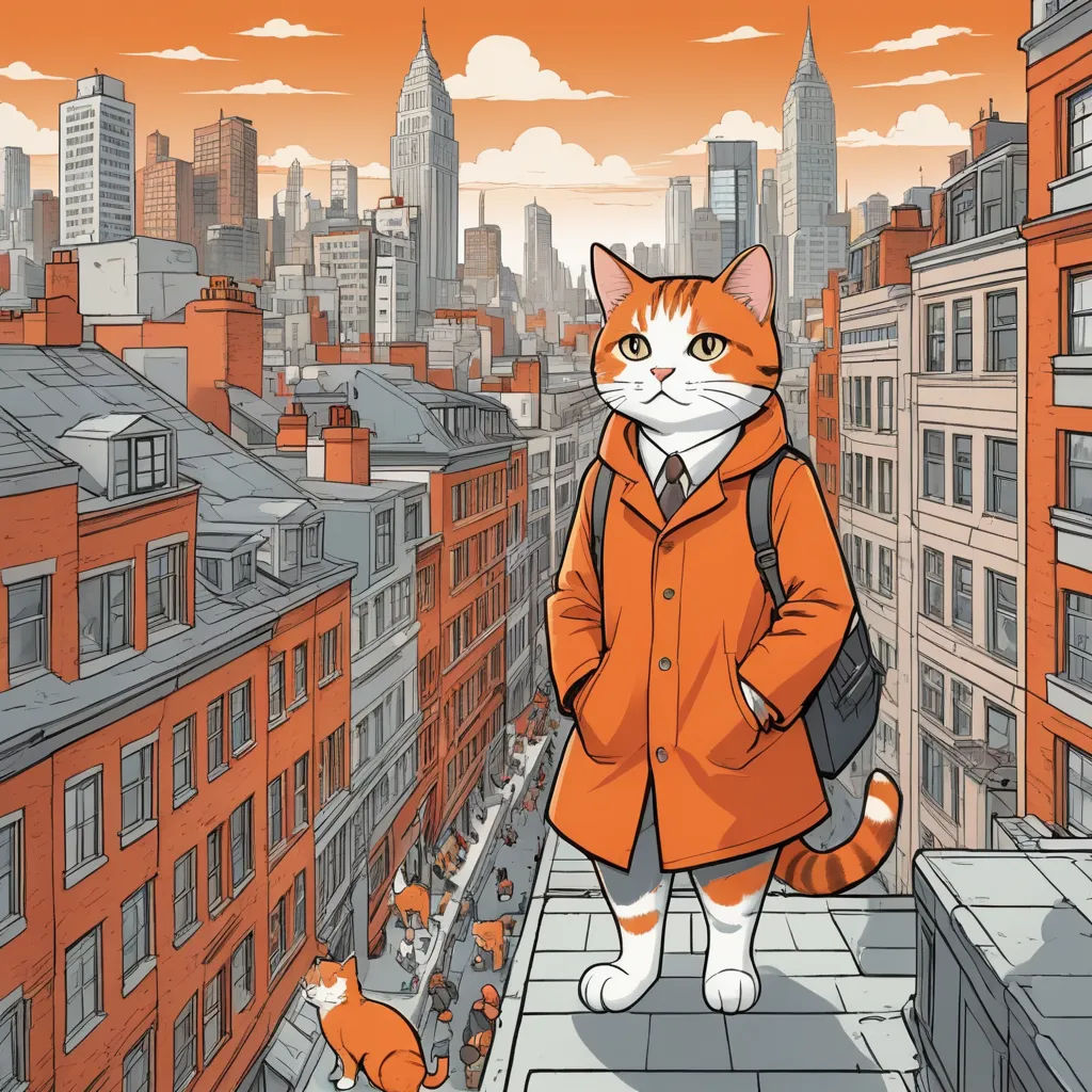 a cat in an orange coat is standing on a ledge in a city with buildings and a cat in a backpack, furry art, a storybook illustration, Asaf Hanuka, detailed illustration