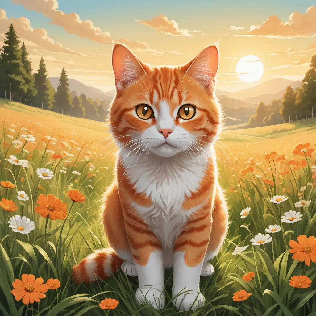 a cat sitting in a field of flowers with the sun setting behind it and a mountain in the distance, sots art, a fine art painting, Chris LaBrooy, official art