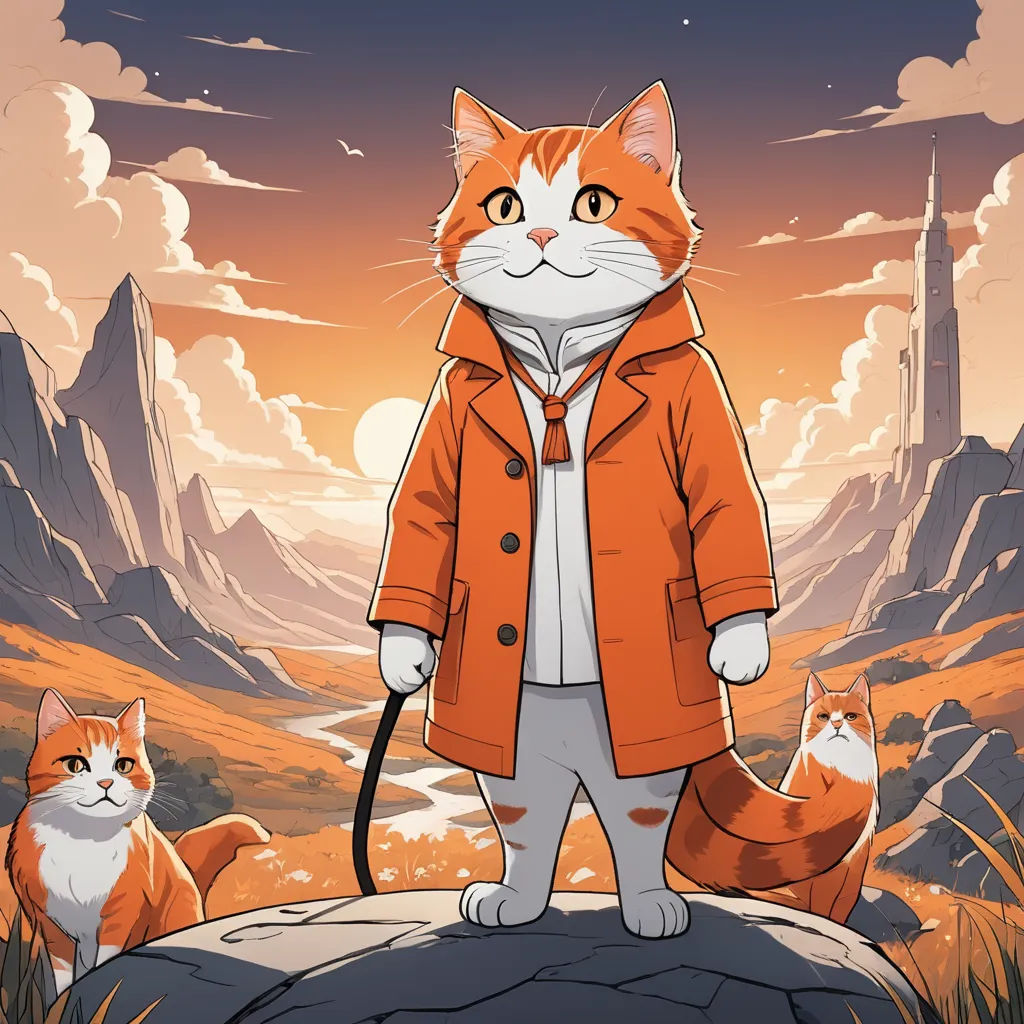 a cat in an orange coat standing on a rock with two cats in the background and a sunset in the background, sots art, a character portrait, Chris LaBrooy, official art