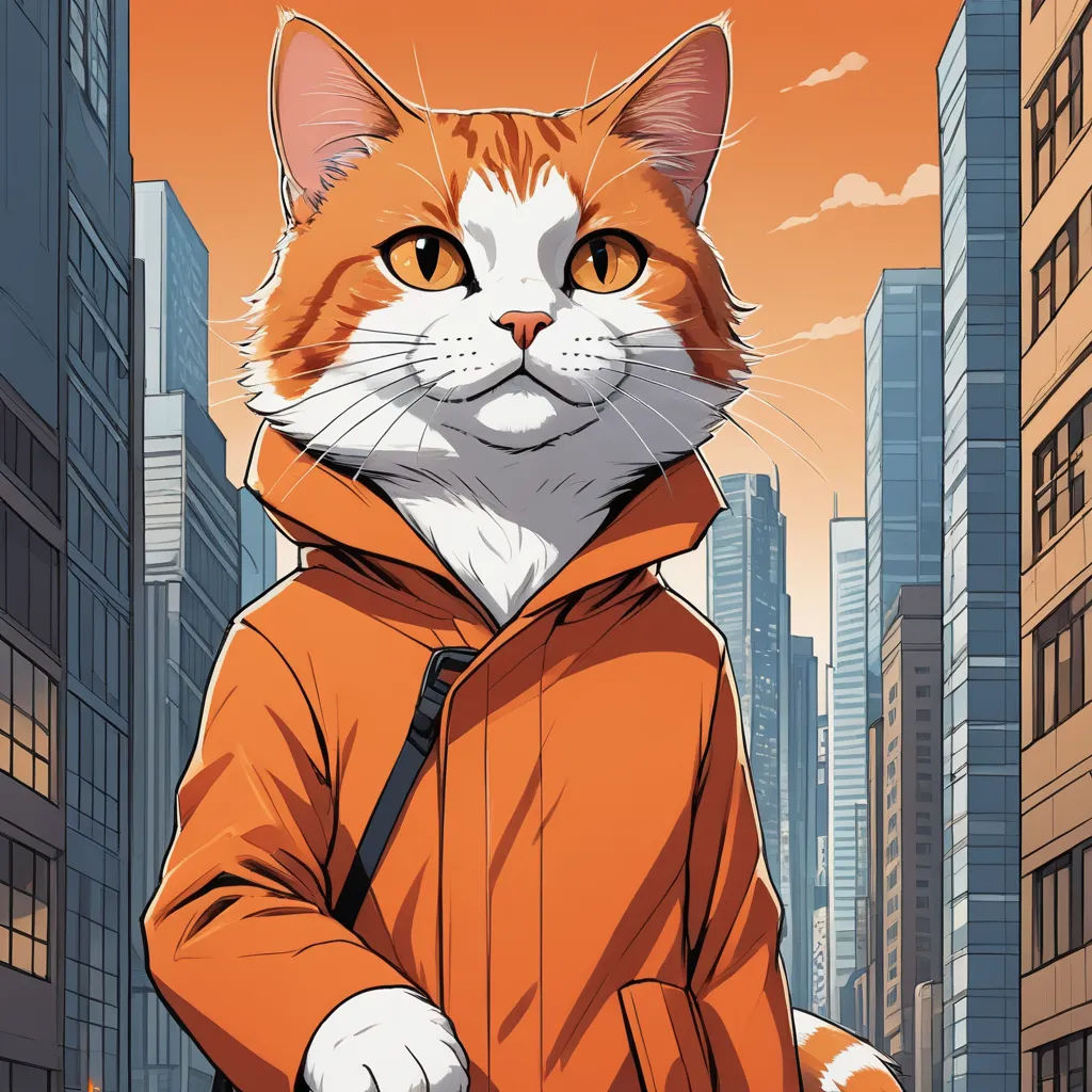 a cat wearing a hoodie in a city setting with a cityscape in the background and a person walking, furry art, a character portrait, Carlos Catasse, official art