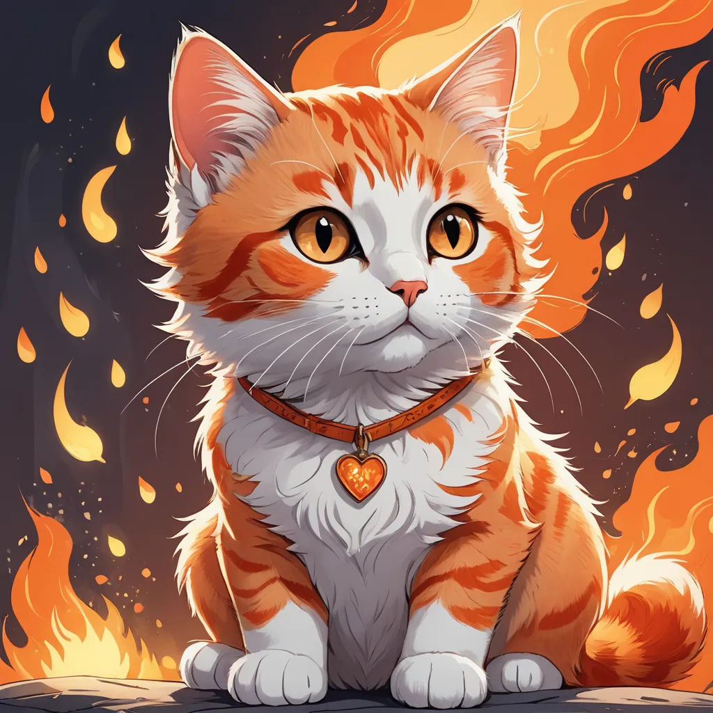 a cat sitting on a fire with a collar on it's neck and a heart on its collar, fantasy art, a character portrait, Cyril Rolando, trending on art station