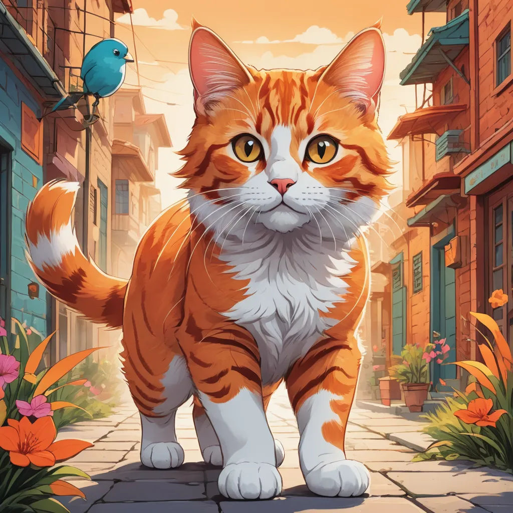 a cat standing on a brick road in front of a bird on a wire above it and a bird on a wire above it, sots art, a character portrait, Chris LaBrooy, official art