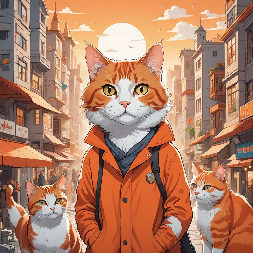 a cat wearing a jacket and standing next to a cat in a city street with buildings and a full moon, furry art, poster art, Chris LaBrooy, official art