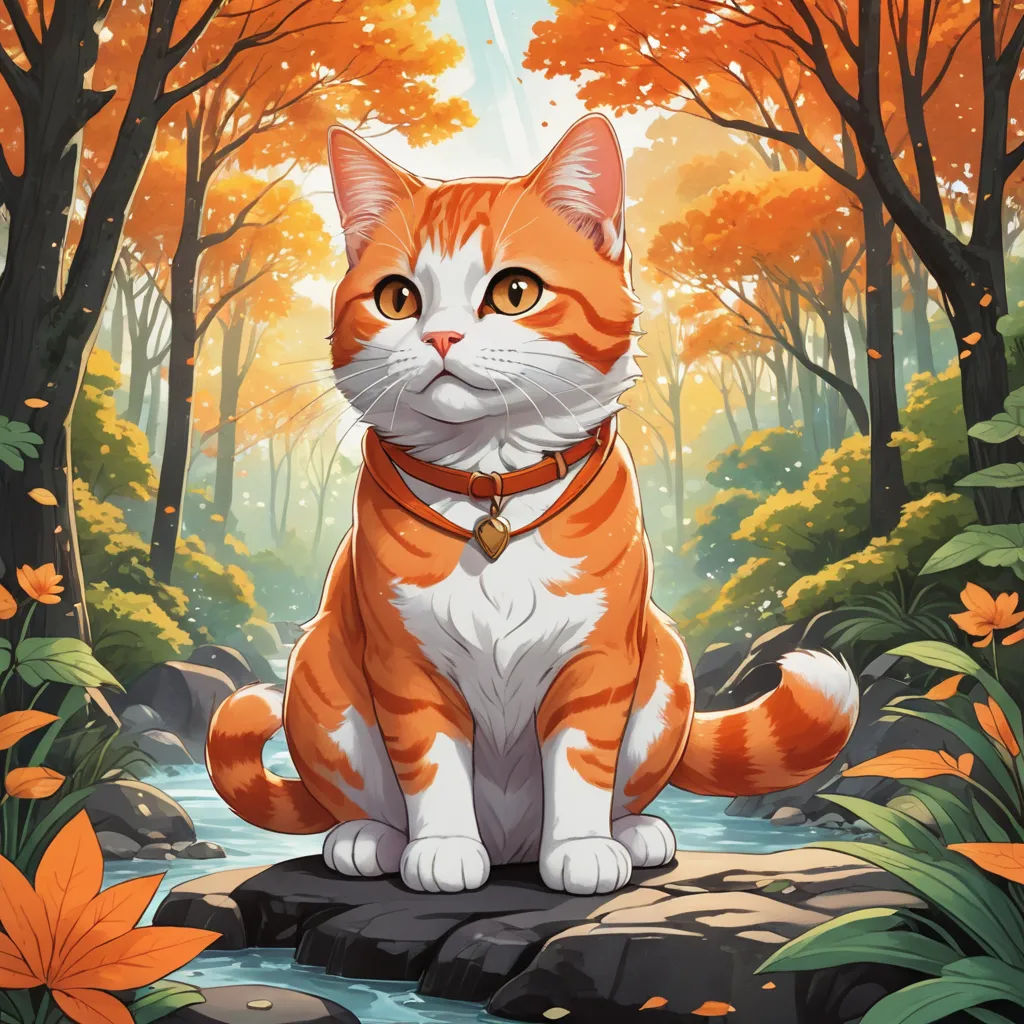 a cat sitting on a rock in a forest with a stream and trees in the background, with a sunbeam in the sky, fantasy art, a character portrait, Dan Mumford, official art
