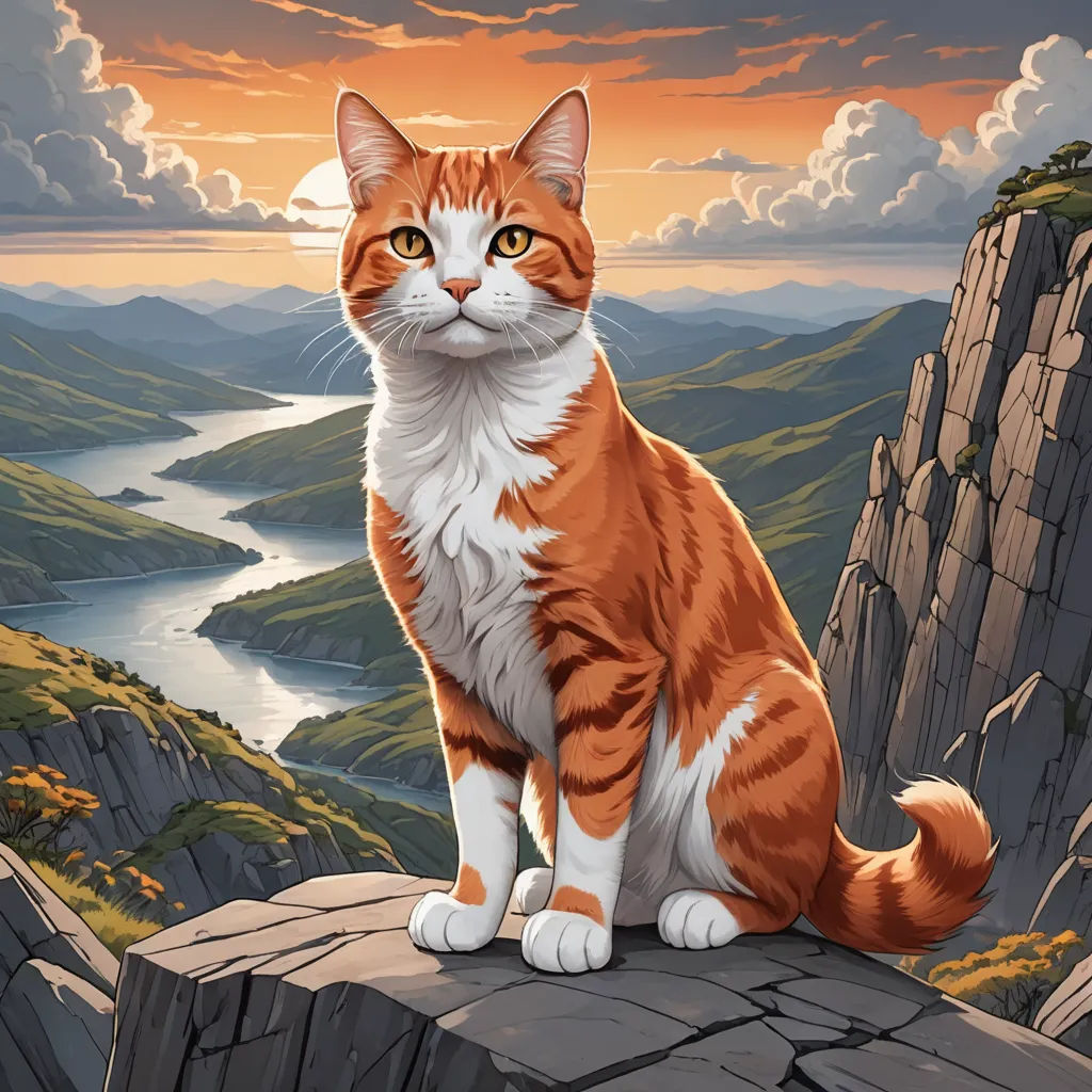 a cat sitting on a rock looking at the camera with a mountain view in the background and a sunset, furry art, a comic book panel, Dan Mumford, official art