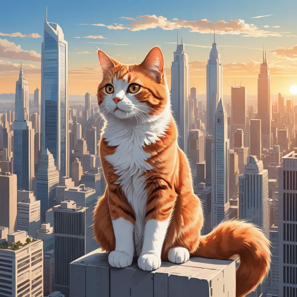 a cat sitting on top of a building in a city with skyscrapers in the background and a sunset, sots art, a comic book panel, Chris LaBrooy, city background