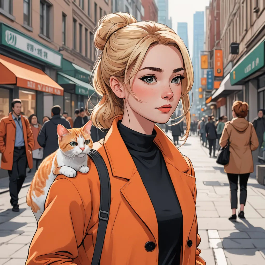 a woman in an orange jacket holding a cat on her shoulder and a cat on her shoulder, on a city street, furry art, a comic book panel, Atey Ghailan, city background