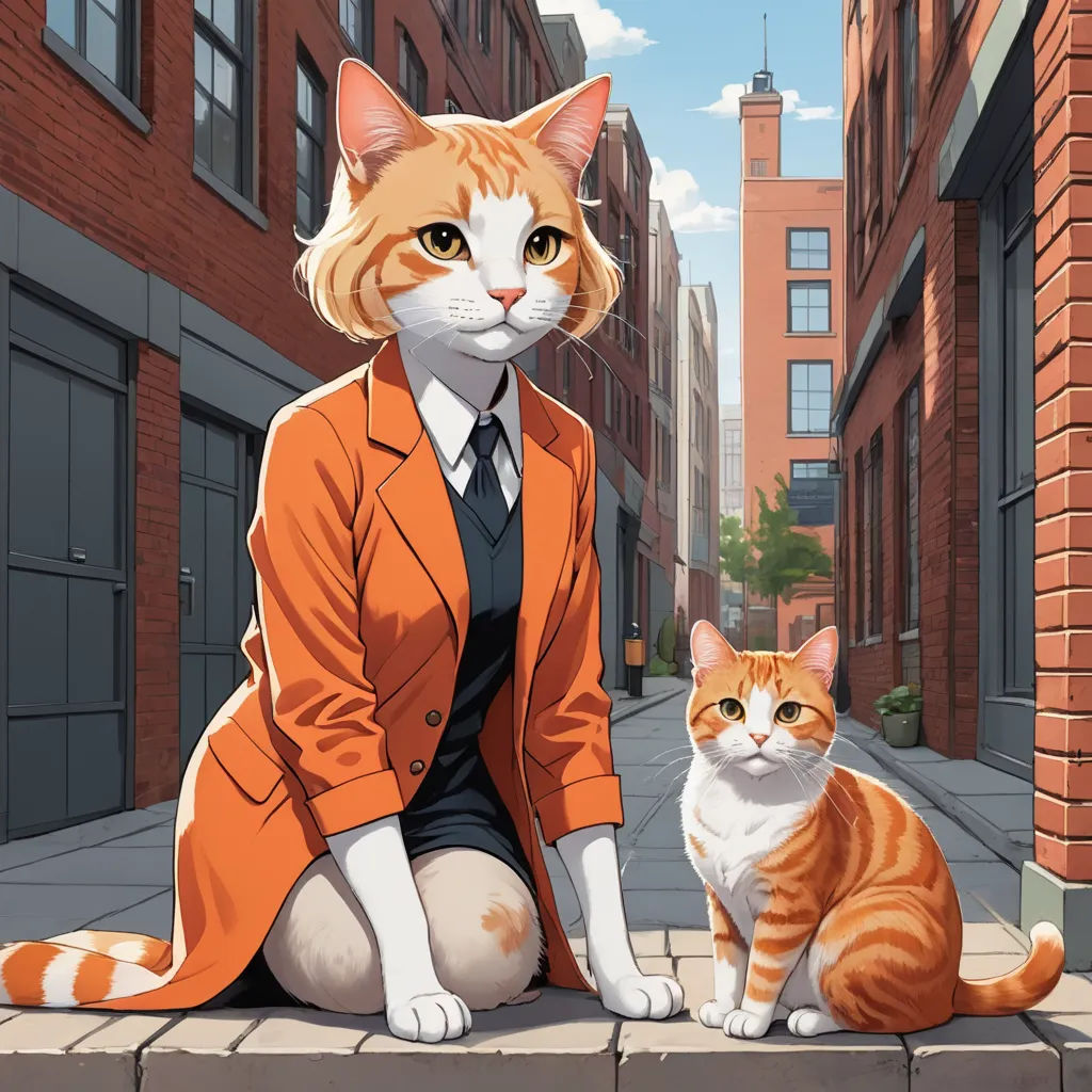 a cat sitting on a ledge next to a woman in a suit and tie and a cat in a suit, furry art, a character portrait, Bourgeois, official art