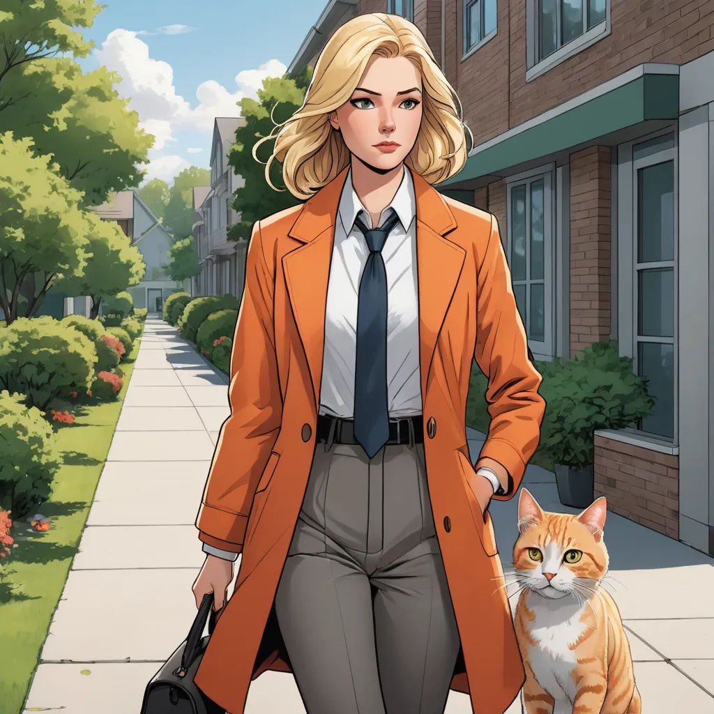 a woman in a suit and tie walking with a cat on a leash in front of a building with a sidewalk, sots art, a comic book panel, Constance Gordon-Cumming, official art