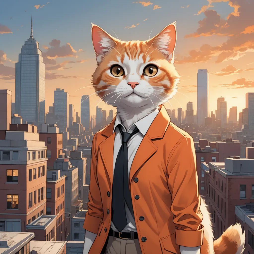 a cat in a suit and tie standing on a rooftop with a city in the background and a sunset, furry art, a character portrait, Aaron Jasinski, official art