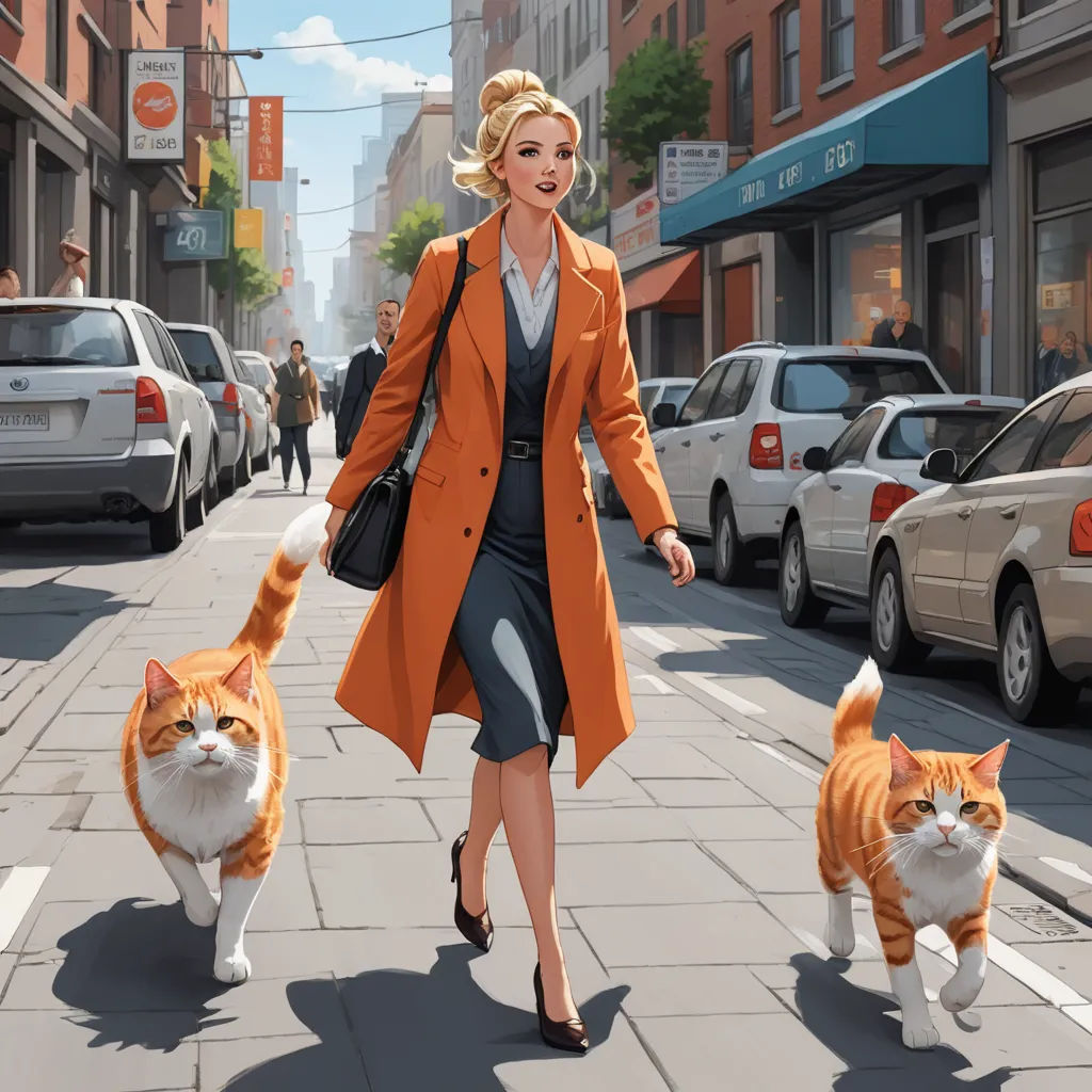a woman walking two cats down a city street with a man walking behind her on a sidewalk with a cat, american scene painting, concept art, Evgeny Lushpin, ultra realistic illustration