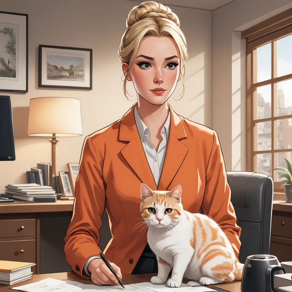 a woman sitting at a desk with a cat in front of her and a computer on the desk behind her, sots art, a character portrait, Constance Gordon-Cumming, official art