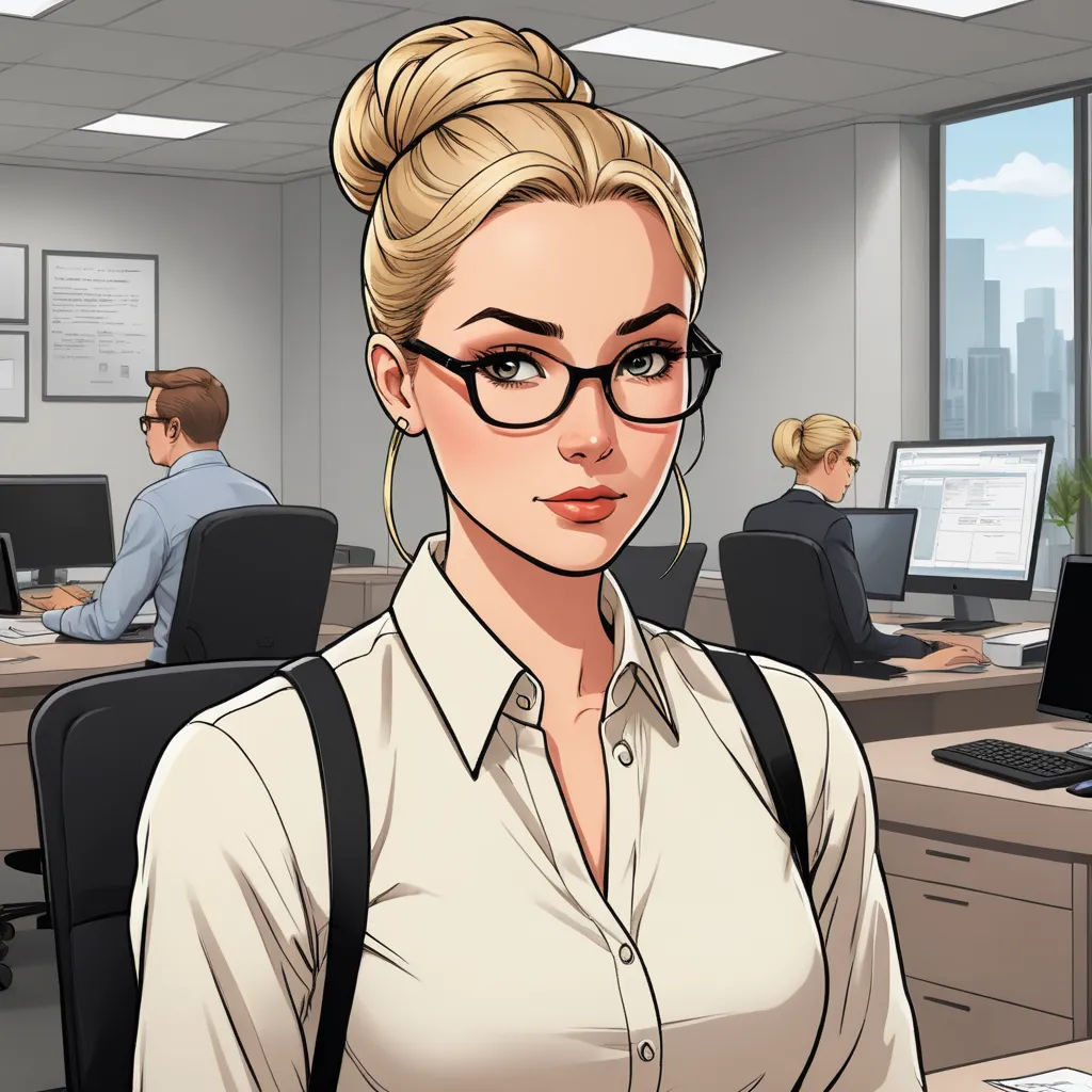 a woman in a white shirt and black glasses in an office setting with a computer desk and people in the background, sots art, a character portrait, Cedric Seaut (Keos Masons), character portrait