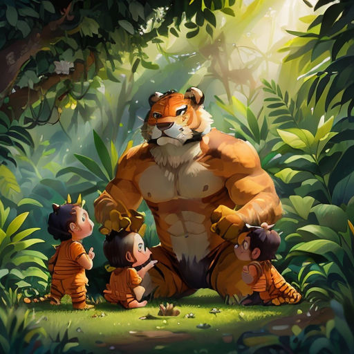 a tiger and two children in the jungle with a baby in the foreground and a baby in the background