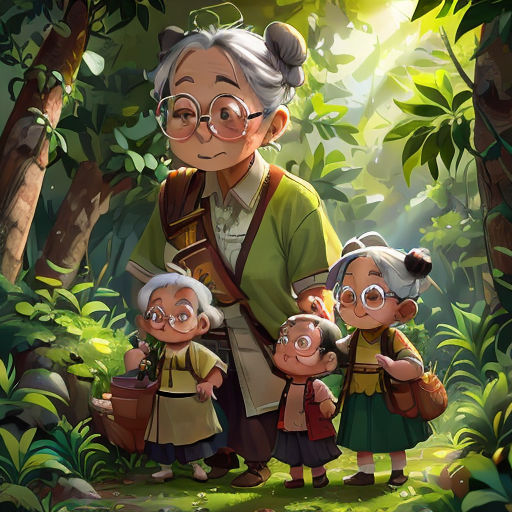an old woman with three children in the forest with a forest background and a light coming through the trees