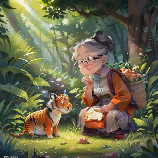 a woman sitting next to a tiger in a forest with a book in her hand and a cat nearby