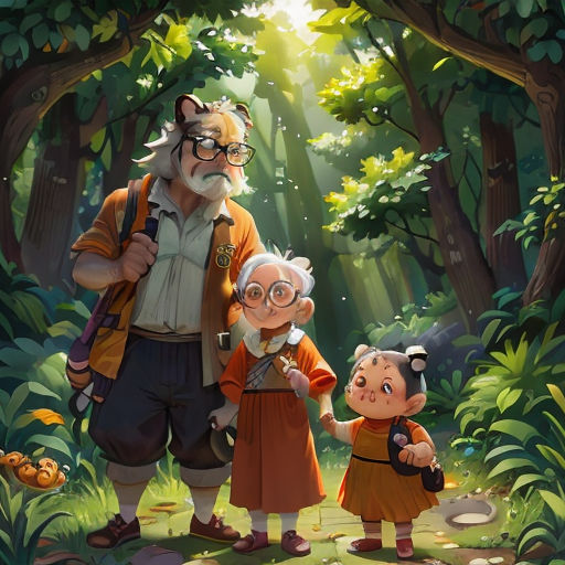 a man and two children standing in the woods with a dog on his back and a cat on his shoulder