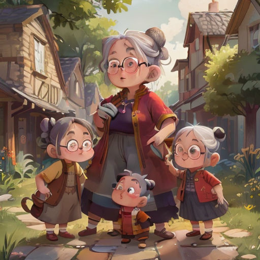a woman standing next to two children and an older woman with glasses on her head and a child in her lap