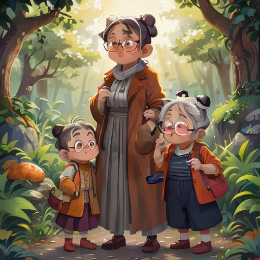 a woman and two children standing in the woods with trees and leaves behind them, with a light coming through the trees