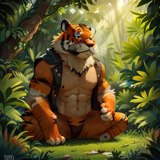 a tiger sitting in the middle of a forest with a backpack on his back and a backpack on his chest