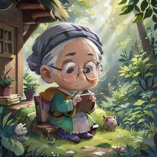 a cartoon character sitting on a bench in the woods with a book in her hand and a mouse nearby