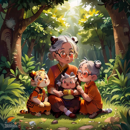 a woman sitting on the ground with two small children and a cat in front of her, in a forest