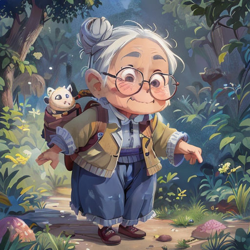 an old man with a panda on his back in the woods with a backpack on his shoulder and a panda on his shoulder