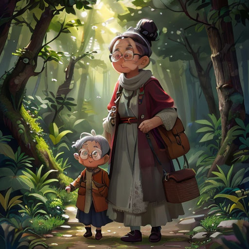 a woman and child in the woods with a backpack on their shoulders, looking at something in the distance