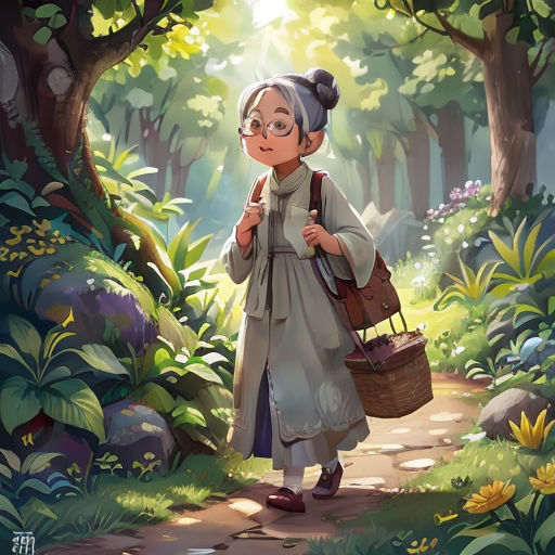 a woman in a forest carrying a basket of food and a basket of bread in her hand, with the sun shining through the trees