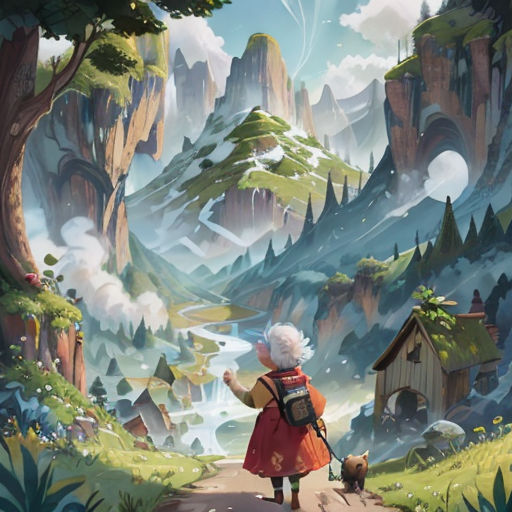 a woman walking down a road next to a forest filled with trees and mountains with a dog on a leash
