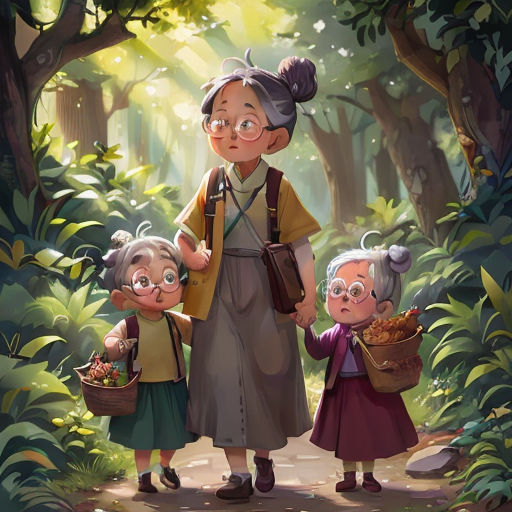 a woman and two children walking through a forest with trees and leaves on the ground, holding hands and looking at the camera