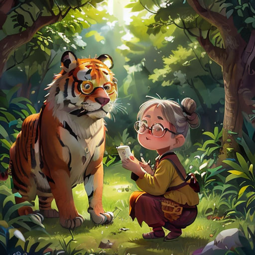 a girl kneeling down next to a tiger in the forest with a book in her hand and a book in her hand