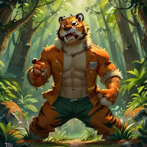 a tiger in a forest with a jacket on and a shirt on, with a fist in his right hand