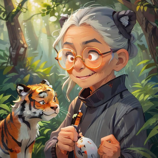 a woman with glasses and a tiger in the background with trees and bushes behind her, and a tiger in the foreground