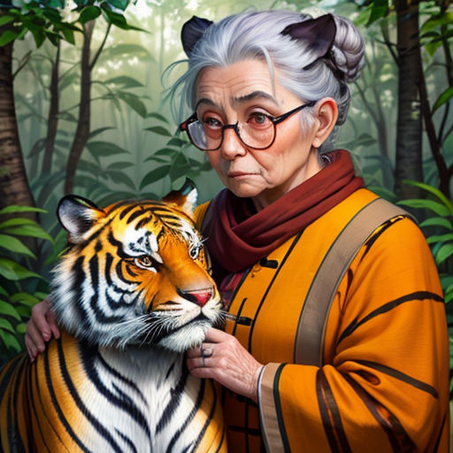 a painting of a woman holding a tiger in a forest with trees and bushes behind her, with a tiger in the foreground