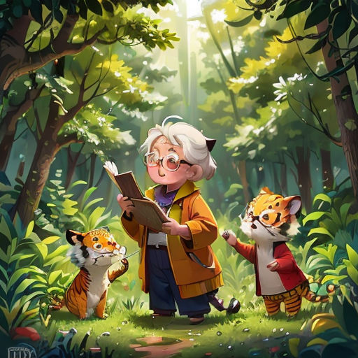 a woman reading a book in the woods with two tigers nearby and a tiger cub looking at it in the foreground