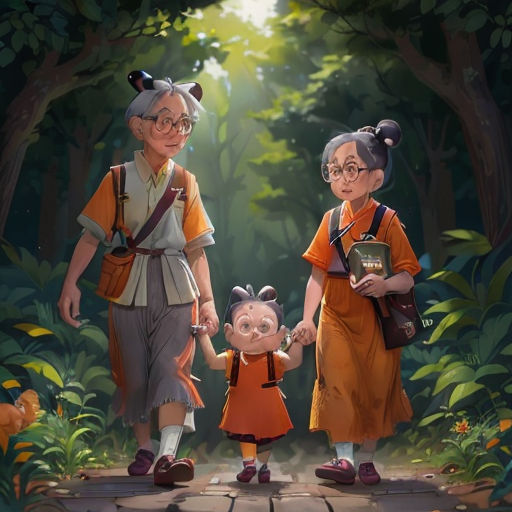 a painting of two people holding hands and walking through a forest with a pig in the foreground and a woman in the background