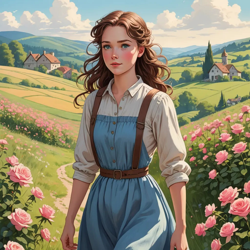 a painting of a girl in a blue dress in a field of flowers with a house in the background, fantasy art, a storybook illustration, Constance Gordon-Cumming, trending on art station