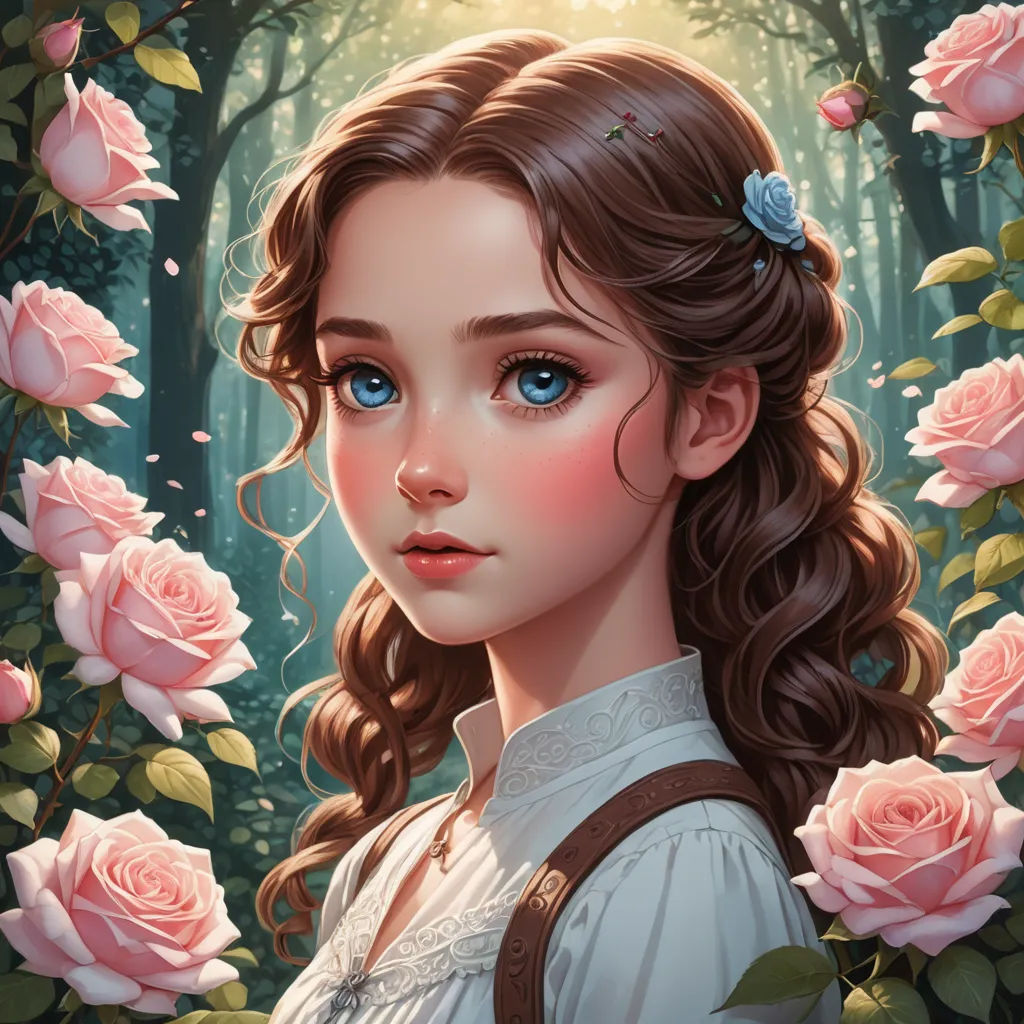 a painting of a girl with blue eyes and a braid in a forest with roses around her head and a blue eye, fantasy art, a detailed painting, Artgerm, trending on art station