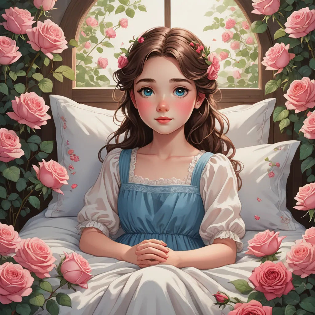 a painting of a girl sitting on a bed with roses around her and a window behind her with roses around her, fantasy art, a detailed painting, Clarice Beckett, trending on art station