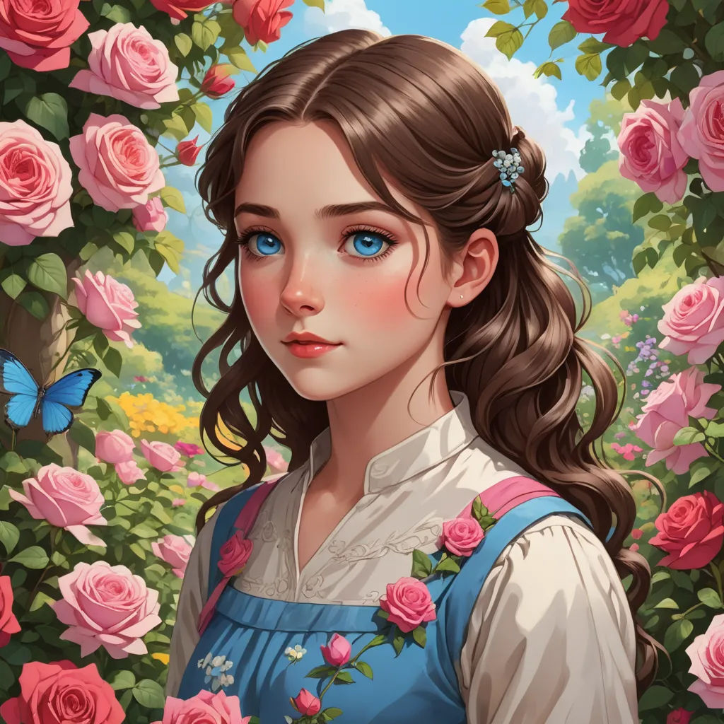 a girl with long hair and blue eyes standing in front of roses and a butterfly on her shoulder, with a blue sky background, fantasy art, a detailed painting, Alice Prin, trending on art station