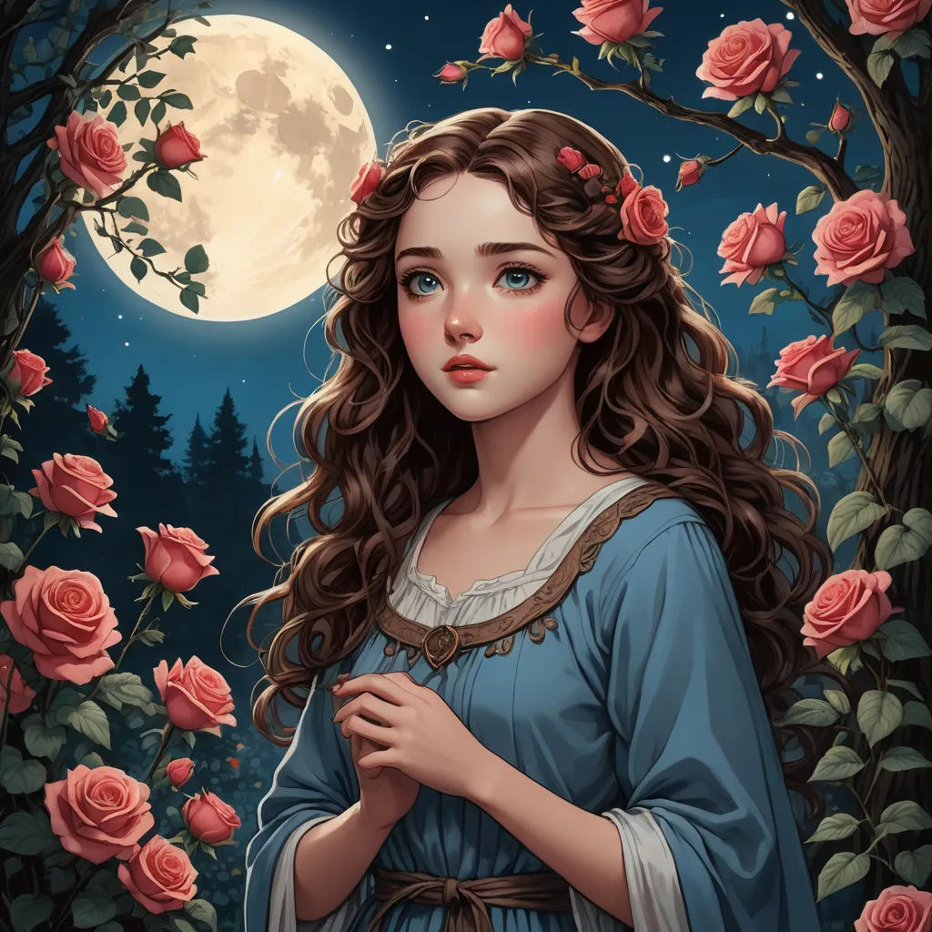 a painting of a girl with long hair and a blue dress standing in front of roses and a full moon, gothic art, a detailed painting, Anne Stokes, trending on art station
