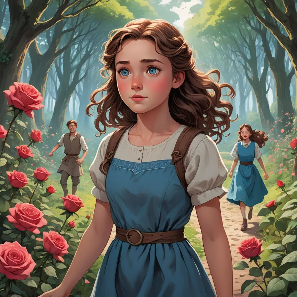 a painting of a girl in a blue dress and a man in a forest with roses behind her and a man in a blue shirt, fantasy art, a storybook illustration, Brothers Hildebrandt, rossdraws global illumination