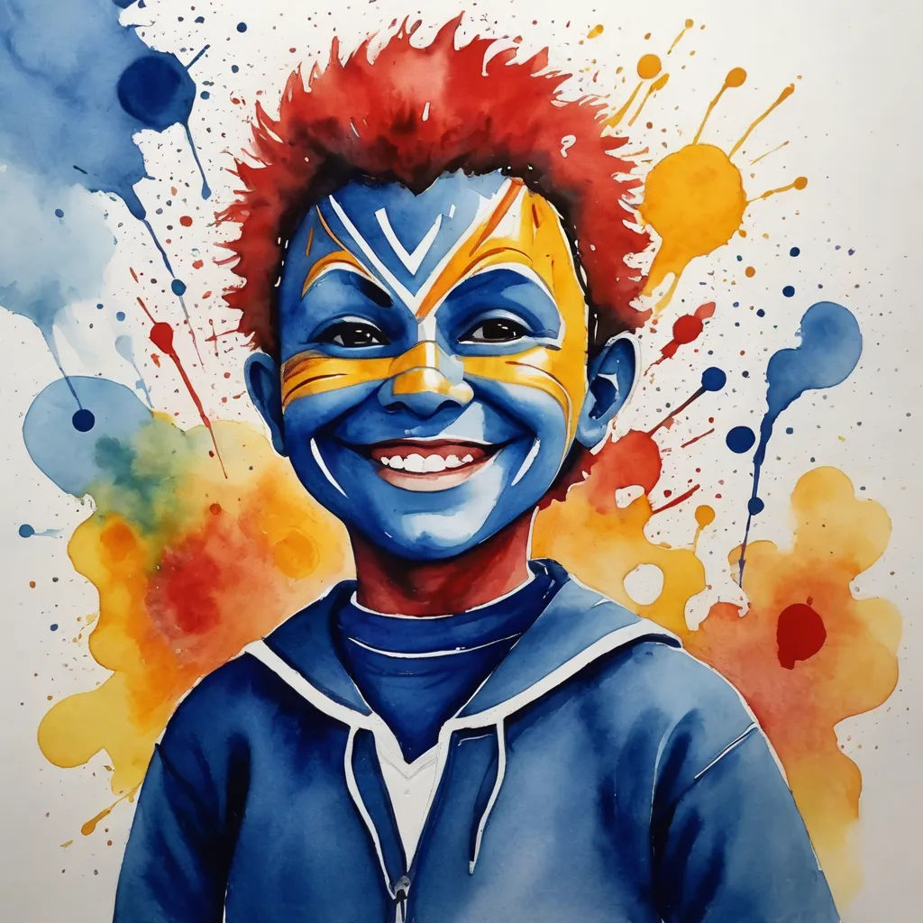a painting of a boy with a painted face and a blue shirt on, with a red mohawk and yellow face paint, modern european ink painting, a watercolor painting, Diego Gisbert Llorens, watercolor