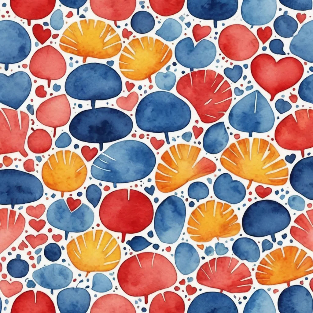 a watercolor painting of hearts and leaves on a white background with blue, red, yellow, and orange colors, naive art, a watercolor painting, Annabel Kidston, watercolor