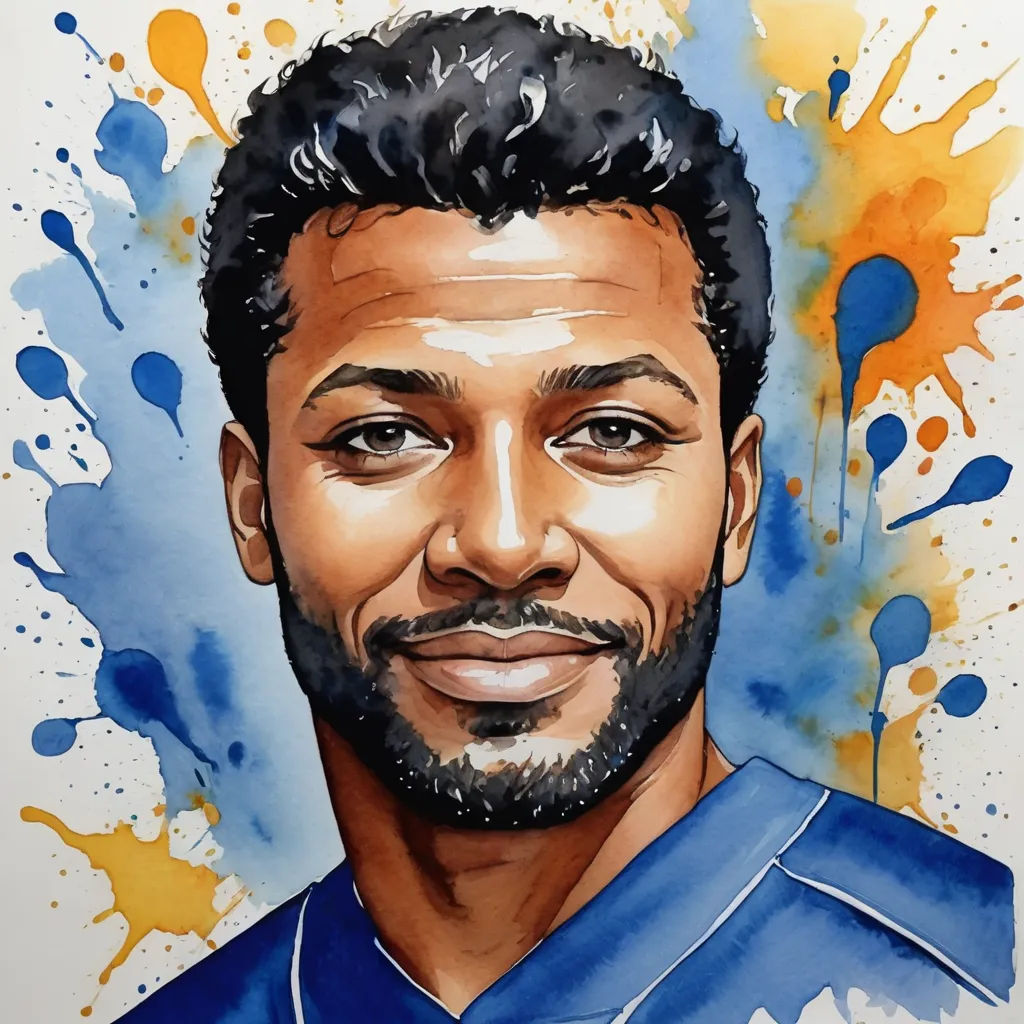 a painting of a man with a beard and blue shirt on a white background with blue and yellow spots, modern european ink painting, a watercolor painting, Derek Hill, watercolor