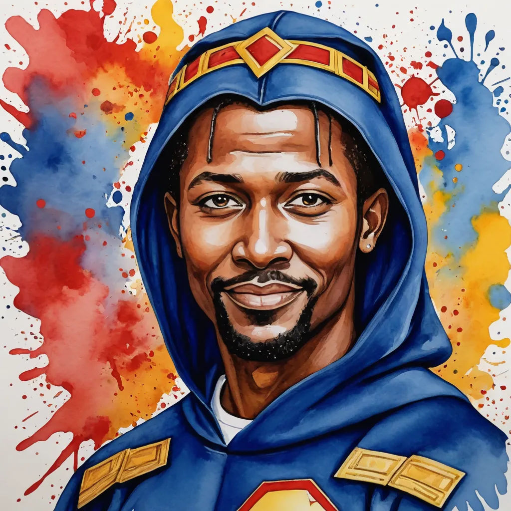 a painting of a man in a blue hoodie with a red and yellow splash of paint behind him, afrofuturism, a character portrait, Artgerm, comic cover art