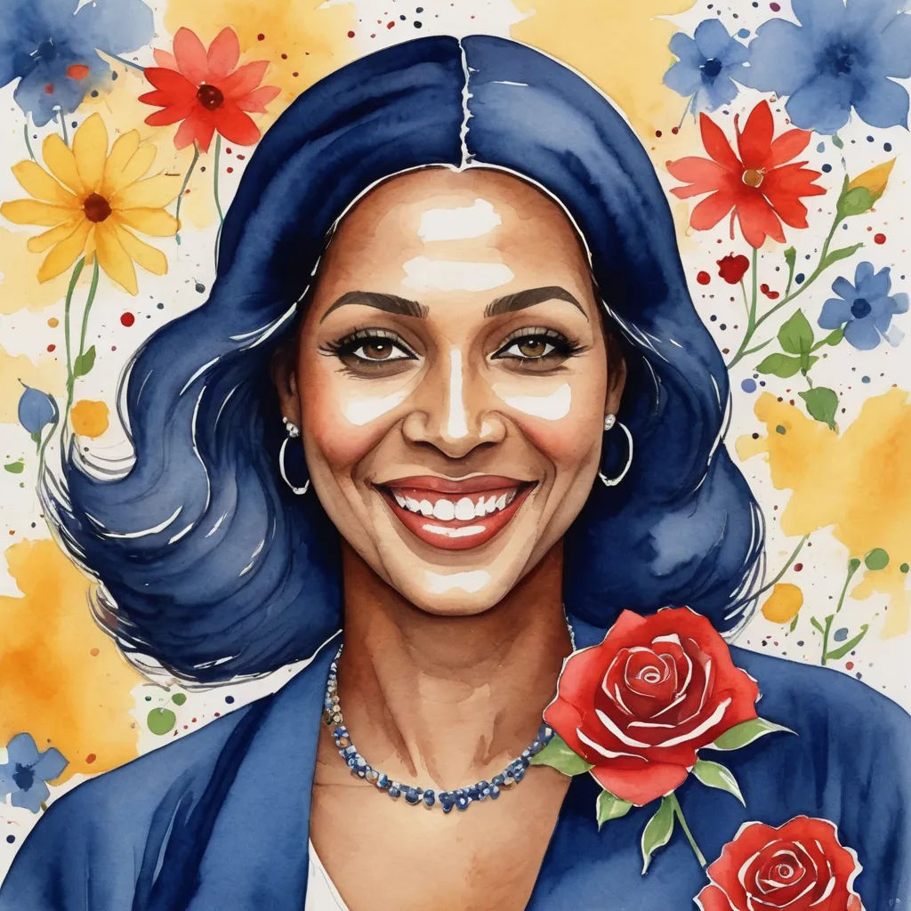 a painting of a woman with blue hair and a flower in her hair, smiling at the camera, with a blue jacket on, feminist art, a character portrait, Constance Gordon-Cumming, in gouache detailed paintings