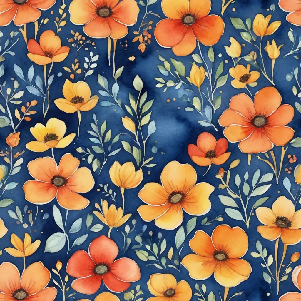 a blue background with orange and yellow flowers on it, and leaves and branches on it, and a blue background with orange and yellow flowers on it, arts and crafts movement, a watercolor painting, Annabel Kidston, in gouache detailed paintings